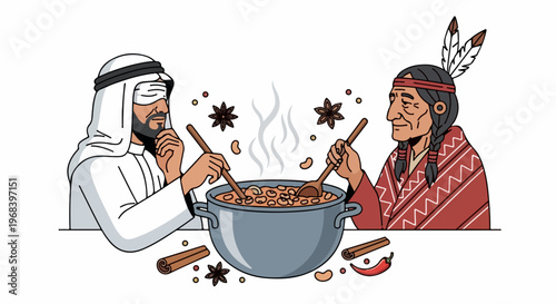 Diverse men participate in blind taste test, stirring spiced stew in large pot with aromatic ingredients. One man blindfolded, another observes flavor profile for shared culinary challenge.