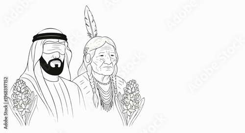 Drawing depicts cultural diversity, showing Middle Eastern man and Native American elder. Traditional attire highlights distinct backgrounds, emphasizing cultural diversity.