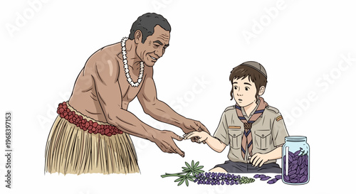 Island man and scout boy share cultural exchange, man offers plant to youth. Boy in uniform, yarmulke, receives item from man in lei and grass skirt, signifying cultural exchange.