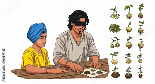 Boy and blindfolded man observing plant growth stages. Various plant growth stages, from small seeds to sprouting plants with roots and leaves, illustrate early biological development.