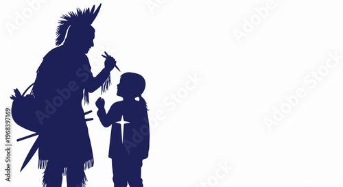 Dark blue silhouette representing indigenous culture, adult with child. Traditional attire, headdress detail, symbolizing knowledge passing, fostering understanding indigenous culture.