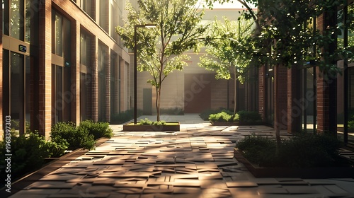 Modern urban courtyard with brick buildings and lush greenery