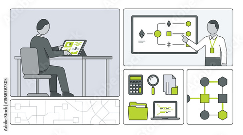 A multi-panel line art illustration depicts various business technology concepts, including a person using a tablet and a presenter explaining a blockchain flowchart.