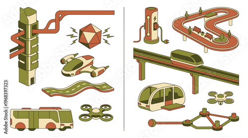 A diverse collection of futuristic transportation and energy concepts is illustrated in an isometric pixel art style against a pristine white background with a retro color palette.