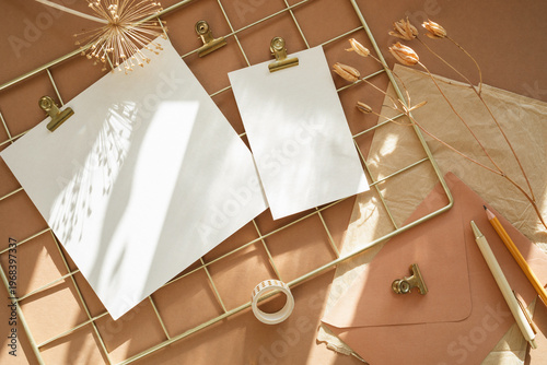 High-angle view of creative branding mockups with sunbeams and dried botanicals.