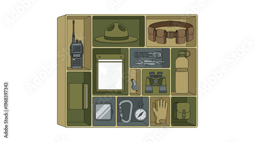 Meticulously arranged park ranger survival gear, including a radio, compass, and hat, is displayed in a compartmentalized box with a clean, olive green color scheme.