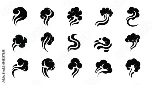 Smoke steam cloud vector icon set black puff swirl isolated on white background.