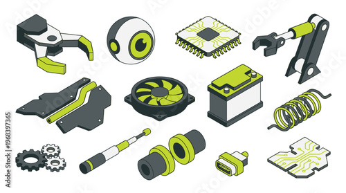 An assortment of detailed robotic and electronic components, including a mechanical claw and a CPU, is displayed isometrically with a striking lime green and gray palette.