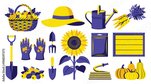 A charming collection of colorful gardening tools and harvested vegetables is neatly arranged in a flat vector style, utilizing a bold blue and yellow complementary color scheme.