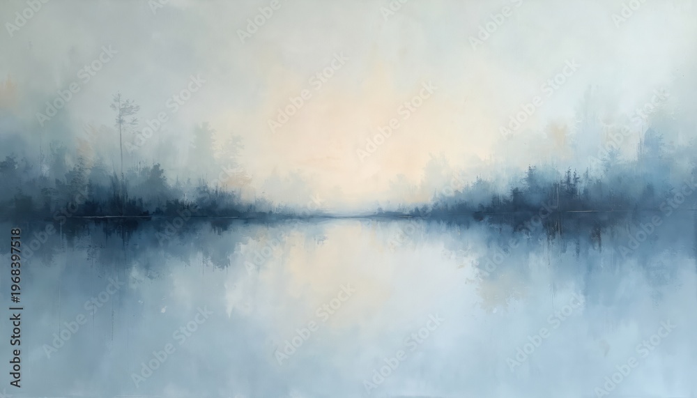 Fototapeta premium Muted blue abstract landscape painting depicts foggy forest reflected in calm water. Soft horizon line blends sky and nature, creating serene, dreamy atmosphere. Minimalist art for decor.