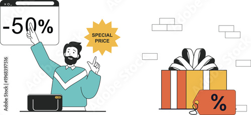 Man celebrating huge sale discount on digital device showing fifty percent off with gift box nearby