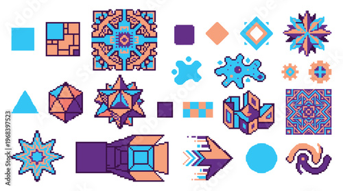 A creative assortment of vibrant pixel art icons and complex geometric shapes is rendered in a retro 8-bit style with a blue, purple, and orange color palette.