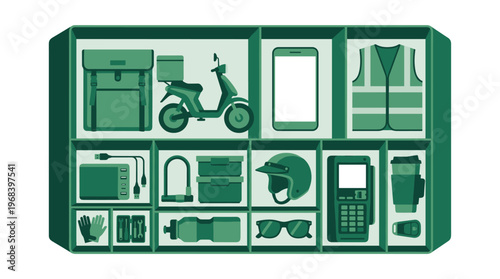A meticulously organized flat lay illustration of a food delivery courier's essential equipment is displayed in a green shelving unit against an isolated white background.