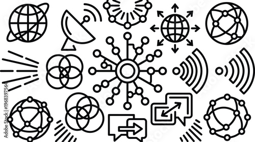 A diverse set of meticulously drawn black line art icons depicting global connectivity, satellite dishes, and digital communication concepts on a clean white background.