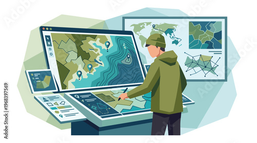 A focused cartographer in a green jacket meticulously analyzes complex topographical data on a large, futuristic multi-screen digital map interface in a command center.