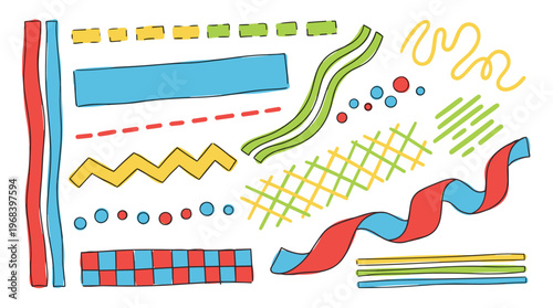 A playful assortment of hand-drawn abstract shapes, colorful lines, and whimsical doodles rendered in a vibrant, child-like style against a clean white backdrop.