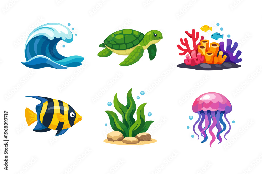 Obraz premium Sea Life Cartoon Icon Set with Fish Turtle Jellyfish Coral and Ocean Elements
