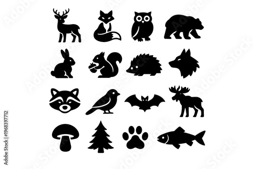 Forest Animals Silhouette Icon Set with Deer Fox Owl Bear and Wildlife Elements