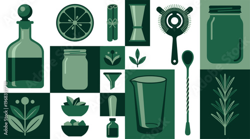 A stylish geometric mosaic of green and white tiles showcases various bartending elements, including a decanter, lime, and shaker, for creating artisanal cocktails.