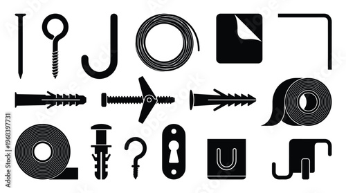 A comprehensive set of black silhouette hardware icons, including nails, screws, hooks, and tapes, is meticulously arranged on a pristine white isolated background.