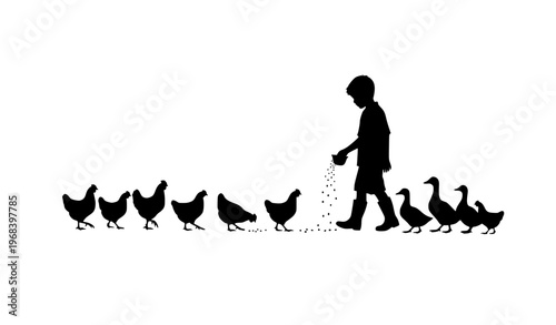 Boy feeding chickens and ducks silhouette vector in side view with scattered seeds rural farm scene black and white