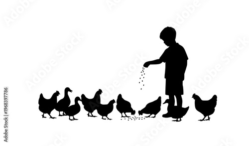 Silhouette of boy feeding chickens and ducks vector with farm animals and scattered seeds black and white design