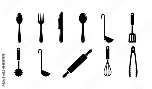 Kitchen utensils and cutlery silhouette icon set with fork knife spoon vector collection