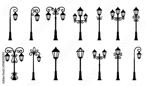 Forged street lamp silhouette vector set with vintage wrought iron light posts isolated on white background