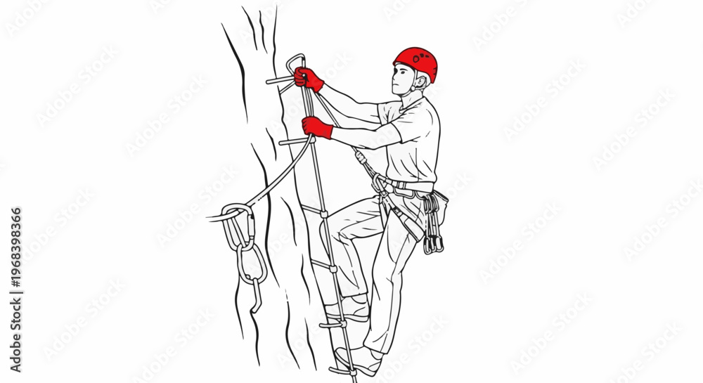 Obraz premium Climber ascends rock face using a ladder with safety gear