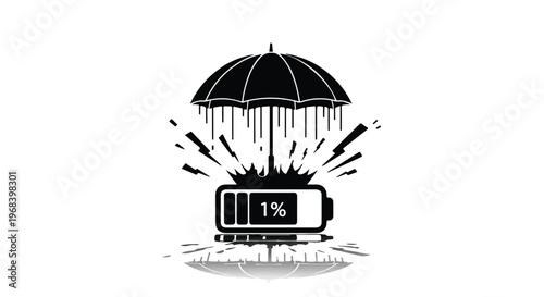 low battery under rainy umbrella, empty power concept