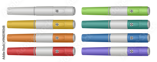 Insulin pen syringe. Diabetes treatment or weight management. Diet, weight loss. Multicolored packaging
