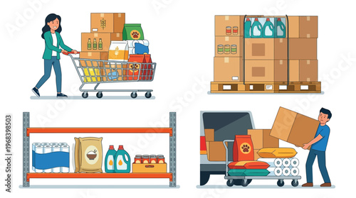 Various scenes depicting bulk shopping, warehouse storage, and delivery of essential goods, illustrating the supply chain and consumer purchasing habits.
