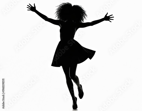 Black silhouette figure with arms outspread, wearing a flared dress, mid-jump. Energetic pose conveys freedom joy and celebration. Isolated on white.