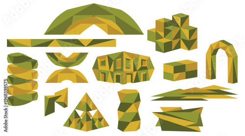 A diverse collection of intricate, low-poly geometric shapes and abstract architectural forms rendered in a harmonious olive green and mustard yellow palette.