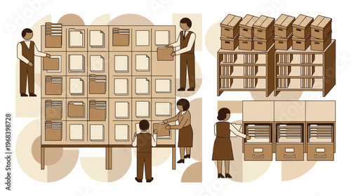A vintage-style sepia illustration shows several dedicated archivists meticulously organizing documents into folders, shelves, boxes, and filing cabinets in a library.