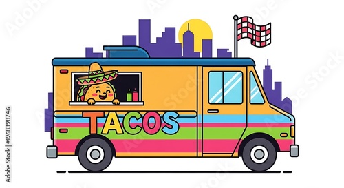Colorful taco food truck vehicle.