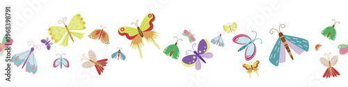 Colorful Flying Butterflies Seamless Horizontal Border Pattern