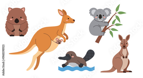 Cute Australian Animals Collection: Kangaroo, Koala, Wombat, Platypus, Wallaby