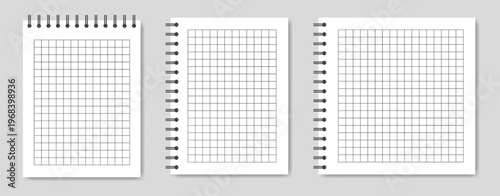 Mockup of a white notebook with spiral. A5 and square format. Shiny metal binder clip. Mockup of a small book, diary, notepad. Copybook, white sheets of paper with black binder. Grid pattern