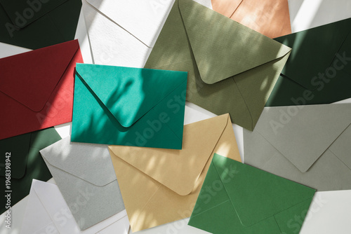 Overhead view of assorted multi coloured envelopes in dappled light.