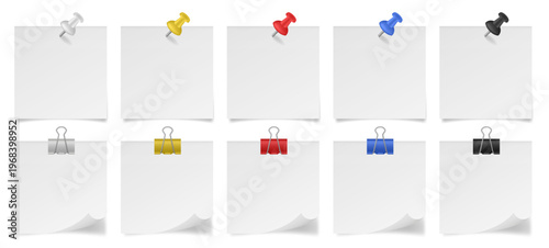 Set of white paper notes with binder clips and push pins. Small sheets of paper. White, yellow, red, blue, and black metal holders
