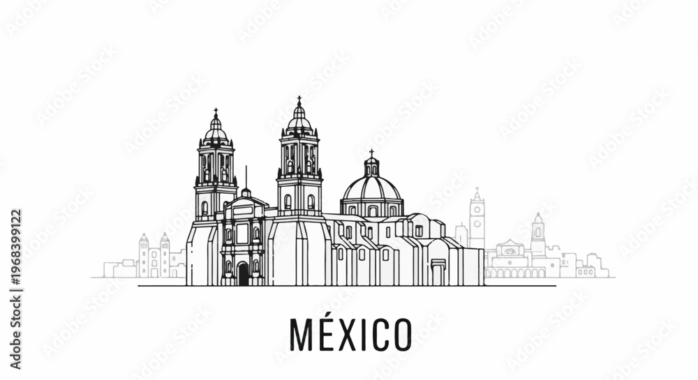 Fototapeta premium Stylized black and white line drawing of a city skyline