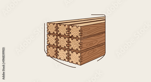 Stacked, interlocking wooden beams with a wood grain texture