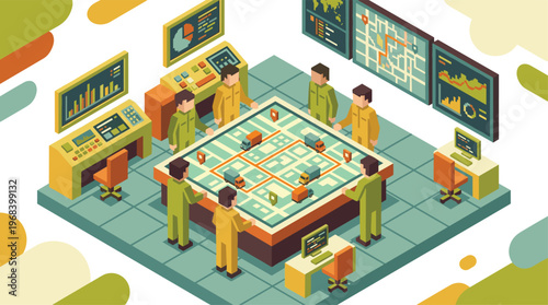 A dedicated team of logistics coordinators in a high-tech control room collaboratively analyzes vehicle routes on a large, illuminated digital map table.