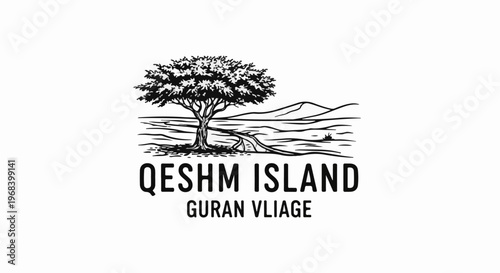 Stylized illustration of a tree and landscape with text below