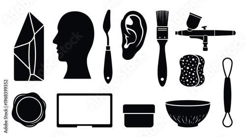 A diverse collection of black silhouette icons representing various artistic tools for sculpting and creation, including a head profile, brush, and airbrush.