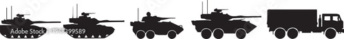 Military vehicle silhouette set including tank armored personnel carrier and cargo truck