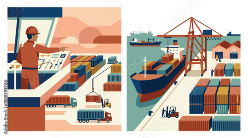 A diligent port controller manages complex container loading operations from a high-tech control tower overlooking a busy industrial harbor with ships and trucks.