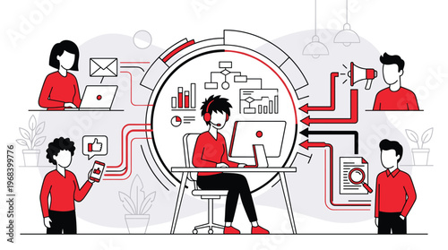 A focused call center agent with a headset expertly manages customer relations and complex data flow on a computer surrounded by interconnected business icons.
