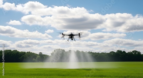 Drone spraying crops in a green field, modern agriculture technology, aerial view